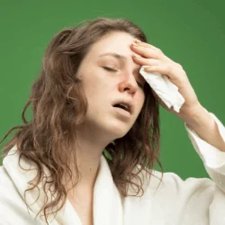 Kobieta w szlafroku trzyma się za głowę z chusteczką w ręku, cierpi na gorączkę podczas zakażenia wirusowego