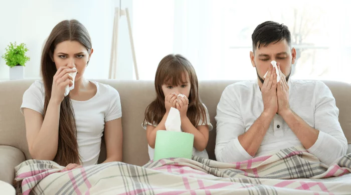 Rodzice z dzieckiem siedzą na kanapie pod kocem i wydmuchują nos w chusteczki, są chorzy na zapalenie zatok przynosowych