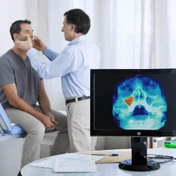Lekarz prowadzi badanie zatok pacjenta, na biurku znajduje się ekran z widocznym prześwietleniem zatok przynosowych