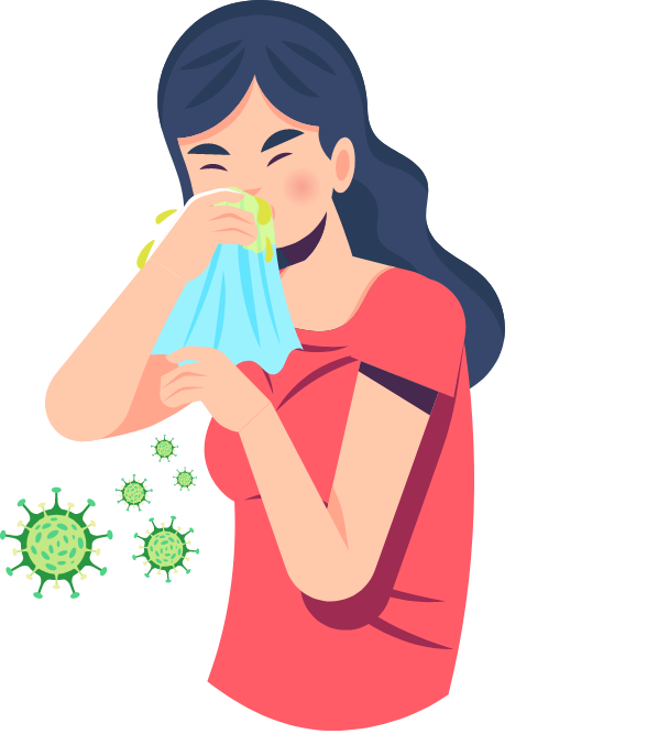 Rysunek kobiety z zapaleniem zatok wywołanym infekcją wirusową lub reakcją alergiczną, dmuchającą w nos. Obok niej widoczne są zarazki